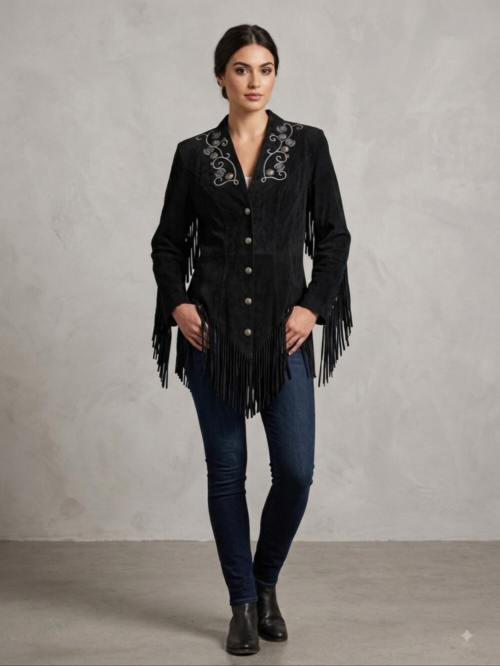 Vintage 80s Renegade Ren Ellis Suede Handcrafted USA Beaded Concho Fringe Jacket